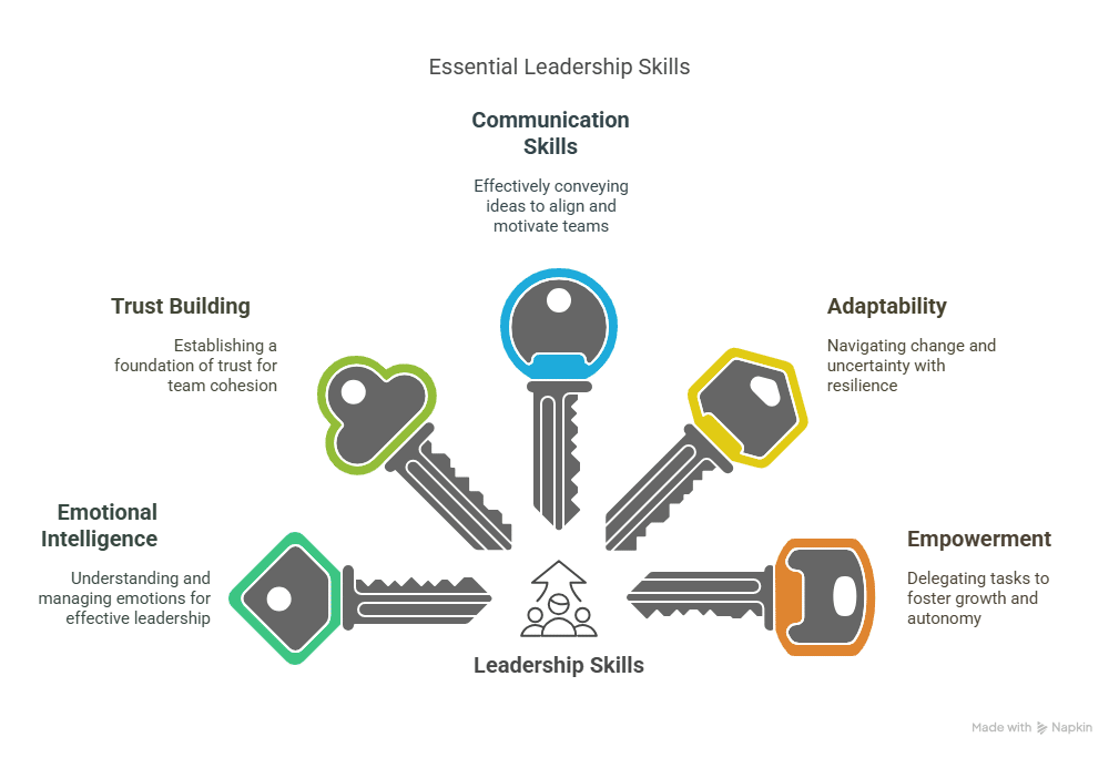 Key leadership skills in the workplace: communication, trust, adaptability, empowerment, and emotional intelligence.