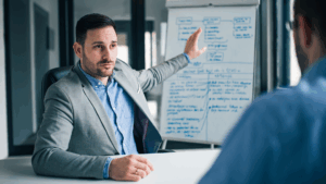 Corporate coach presenting a strategic action plan on a whiteboard during a business coaching session.