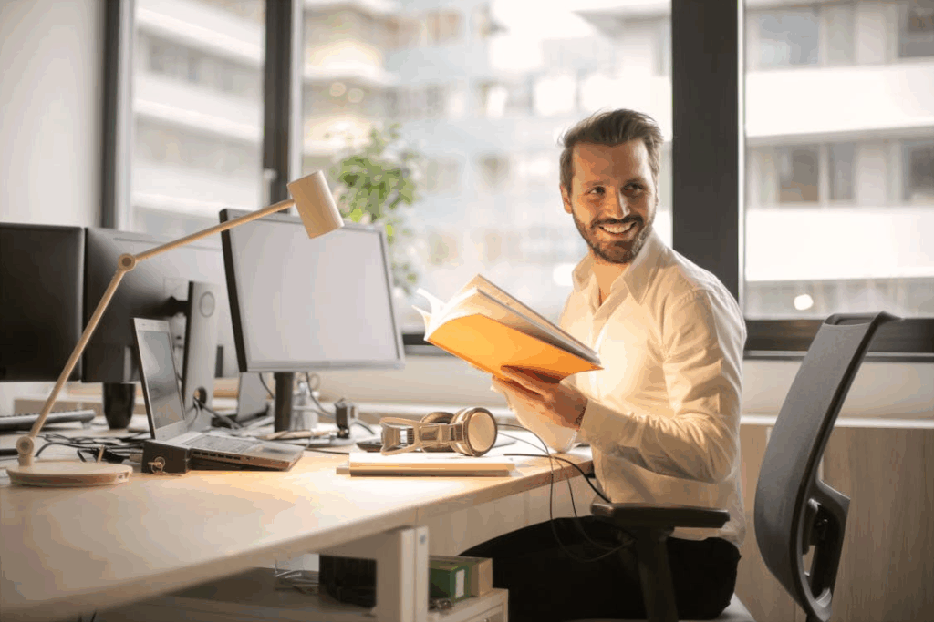Person reading in modern office